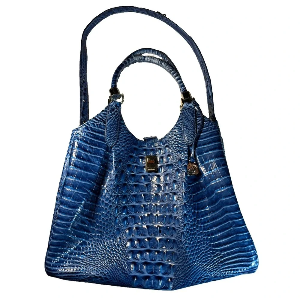 Brahmin Melbourne Sapphire Blue Embossed Croc Leather Tote Satchel Bag Purse